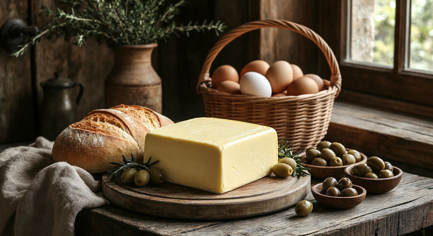 A rustic wooden table in a Turkish countryside kitchen holds a golden block of **Sarıbaş Tereyağı** next to fresh bread and olives, with a traditional woven basket of eggs in the background.