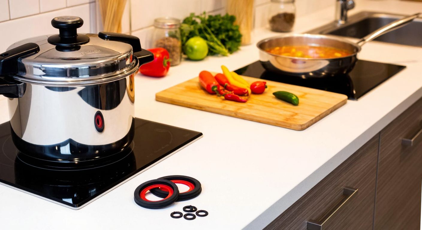 A neatly arranged kitchen counter in Turkey with a shiny Tefal pressure cooker, a small pile of compatible rubber seals in different sizes, and a warm pot of steaming stew in the background.