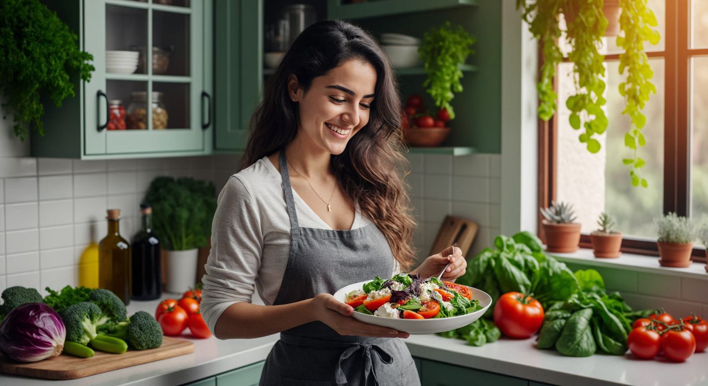A smiling Turkish woman in a bright kitchen holds a colorful plate of fresh Mediterranean salad while glancing at her phone, surrounded by vibrant vegetables and olive oil bottles.