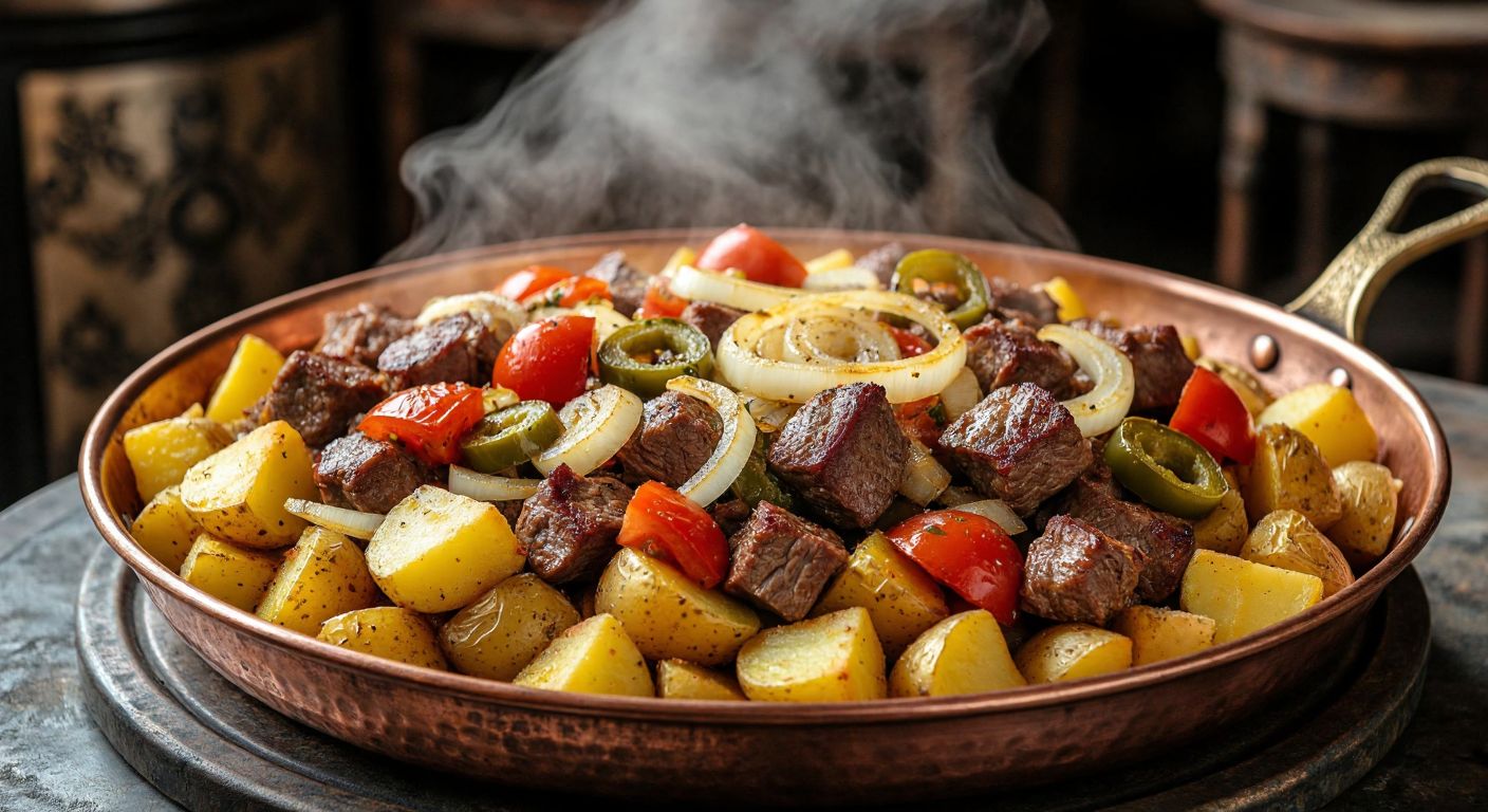 A rustic copper pan filled with sizzling diced potatoes, tender cubed meat, sliced onions, diced tomatoes, and green peppers, all glistening with melted butter and steam rising against a backdrop of a traditional Turkish kitchen.