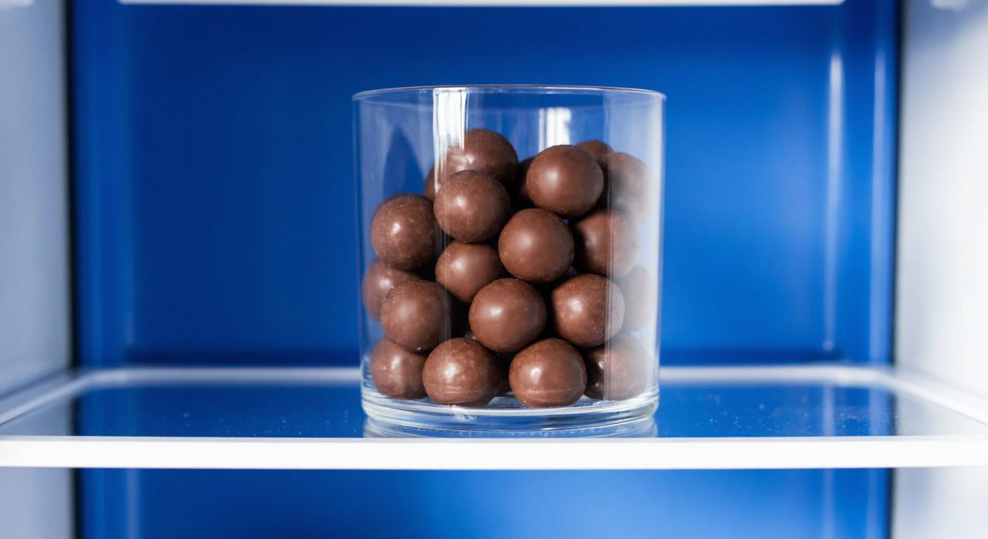 A glass container filled with round chocolate-coated biscuit balls, resting on a shelf inside a refrigerator with a cool blue interior.
