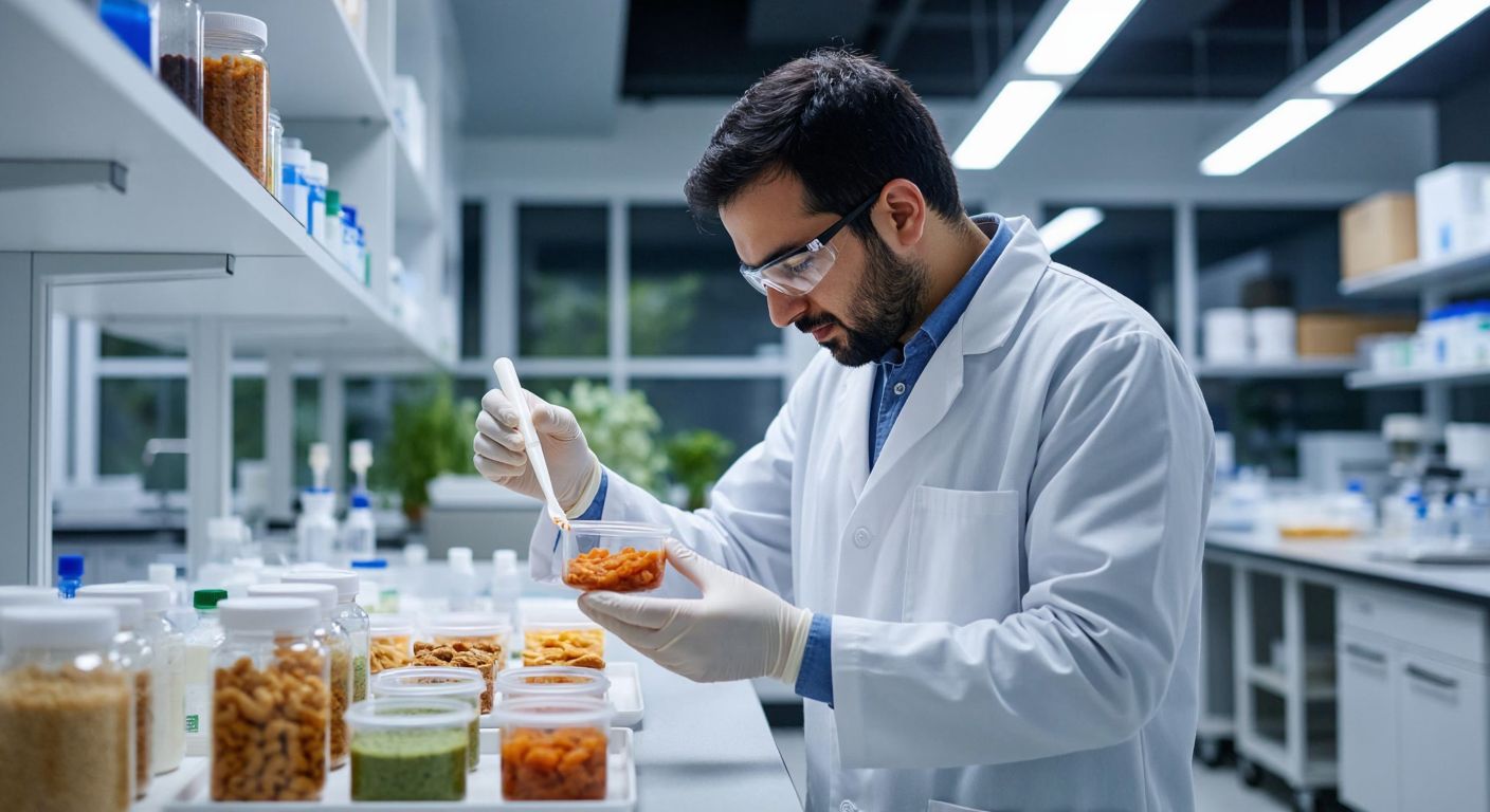 A Turkish scientist in a white lab coat carefully examines vibrant, nutrient-rich functional foods like probiotic yogurt and microalgae-based snacks in a modern, well-lit food laboratory.