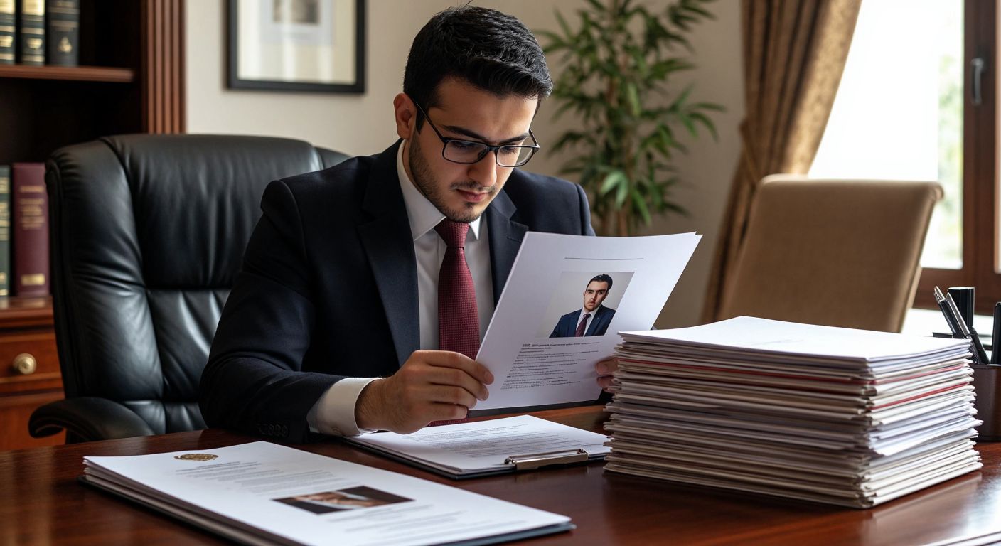 A neatly dressed professional in a formal office setting in Turkey carefully reviews a printed CV with a vesikalık photo attached, while a stack of organized documents and a diploma sit on the desk beside them.