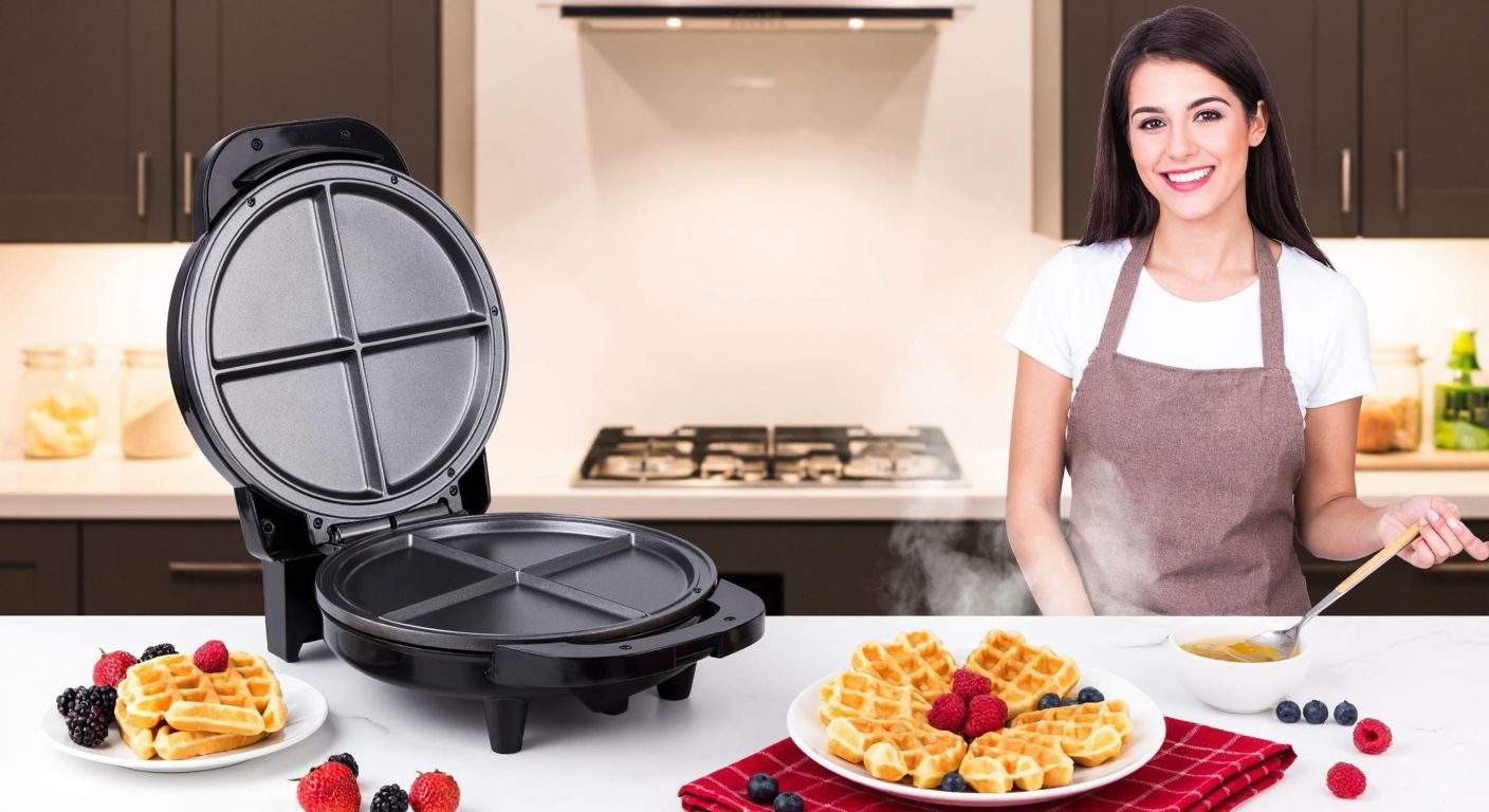 A warm Turkish kitchen with a stainless steel Kiwi waffle maker on a countertop, golden waffles steaming on a plate beside it, and a smiling woman in an apron holding a spatula, surrounded by scattered flour and fresh berries.