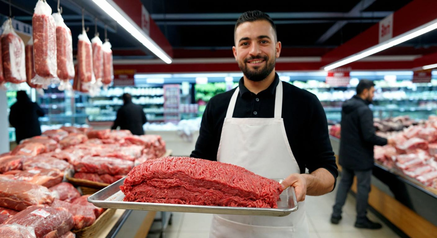 A Turkish butcher in a white apron proudly displays a tray of fresh, finely ground beef in a well-lit BİM supermarket, with customers in the background examining meat products.