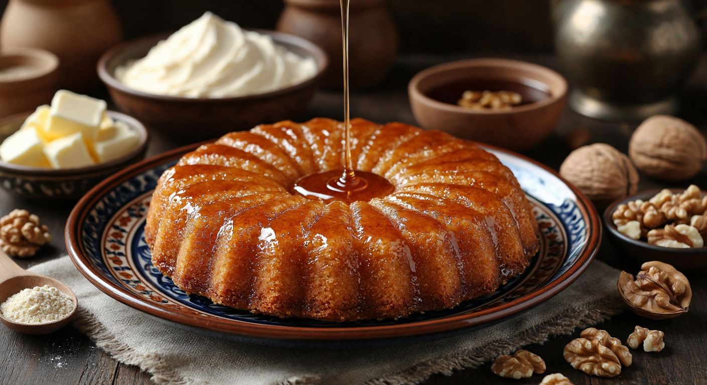 A golden-brown **Nevzine** dessert, freshly baked and drizzled with syrup, sits on a traditional Turkish ceramic plate surrounded by its ingredients—flour, butter, walnuts, tahini, and a bowl of syrup—with a warm, inviting kitchen backdrop.