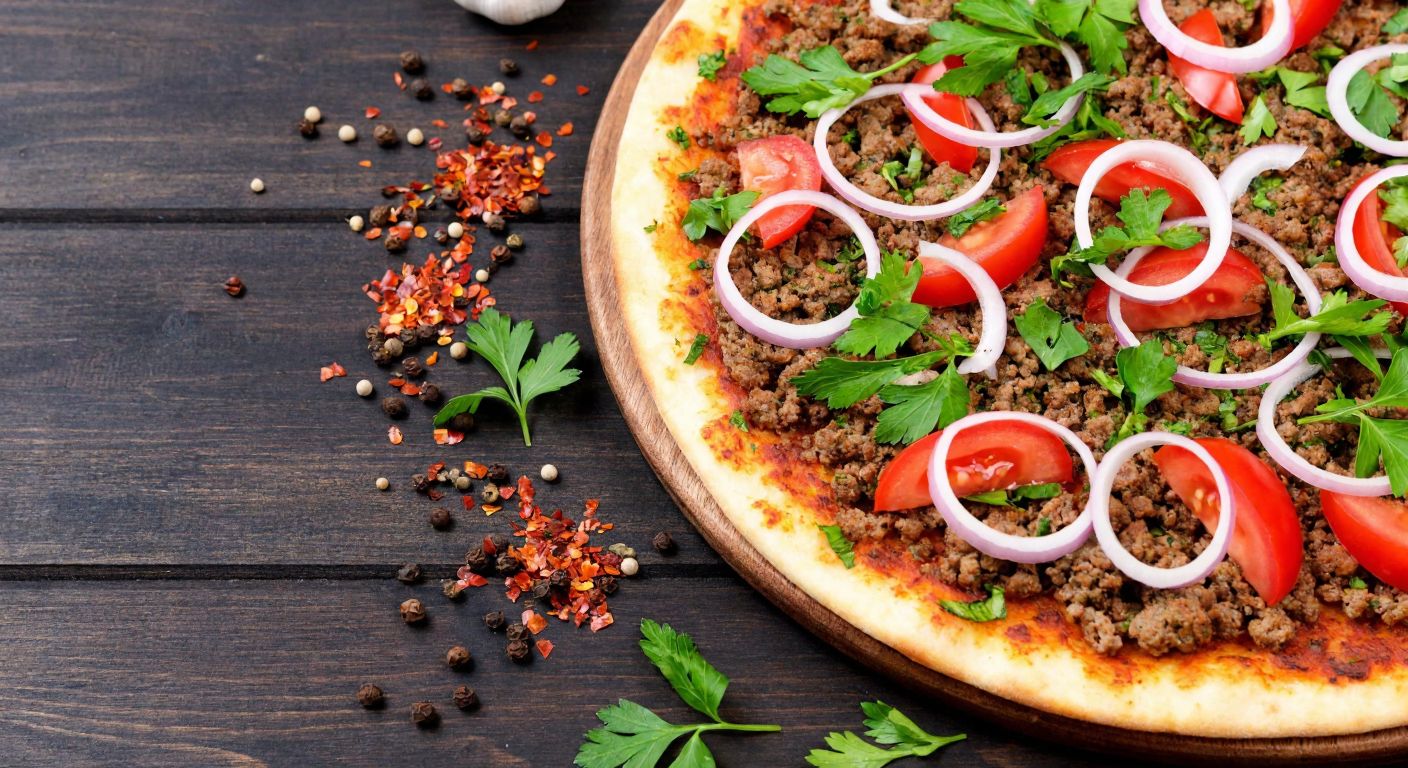 A close-up of a freshly baked lahmacun on a wooden table, topped with finely chopped onions, tomatoes, parsley, and minced meat, surrounded by scattered spices like red pepper flakes and black pepper, evoking the rich flavors of Turkish cuisine.