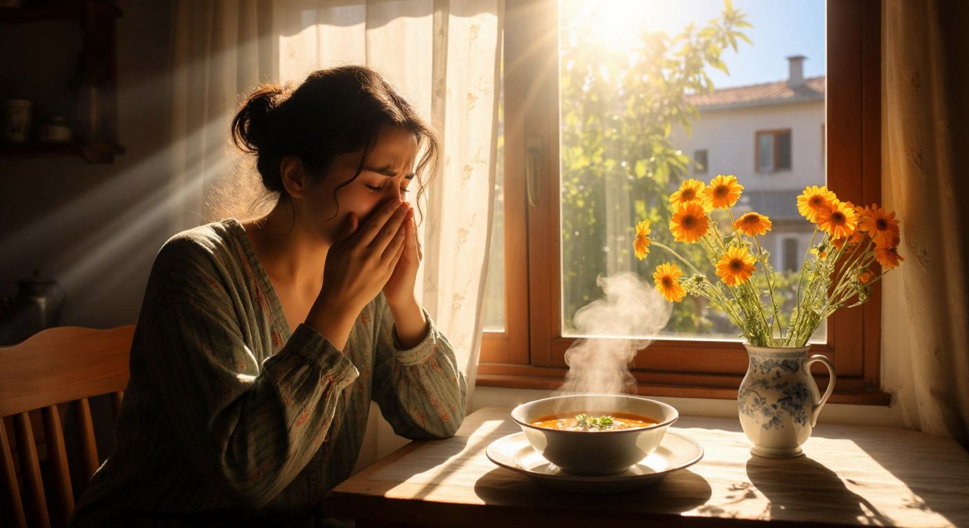 A person in a cozy Turkish home sneezes into a handkerchief while sunlight streams through the window, with a bowl of steaming çorba (soup) and a vase of wildflowers on the table nearby.