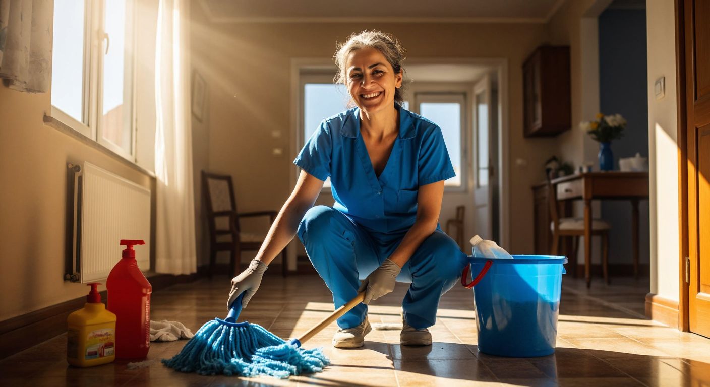 A middle-aged woman in a blue cleaning uniform smiles warmly while mopping the floor in a sunlit Turkish apartment, with a bucket and cleaning supplies nearby.