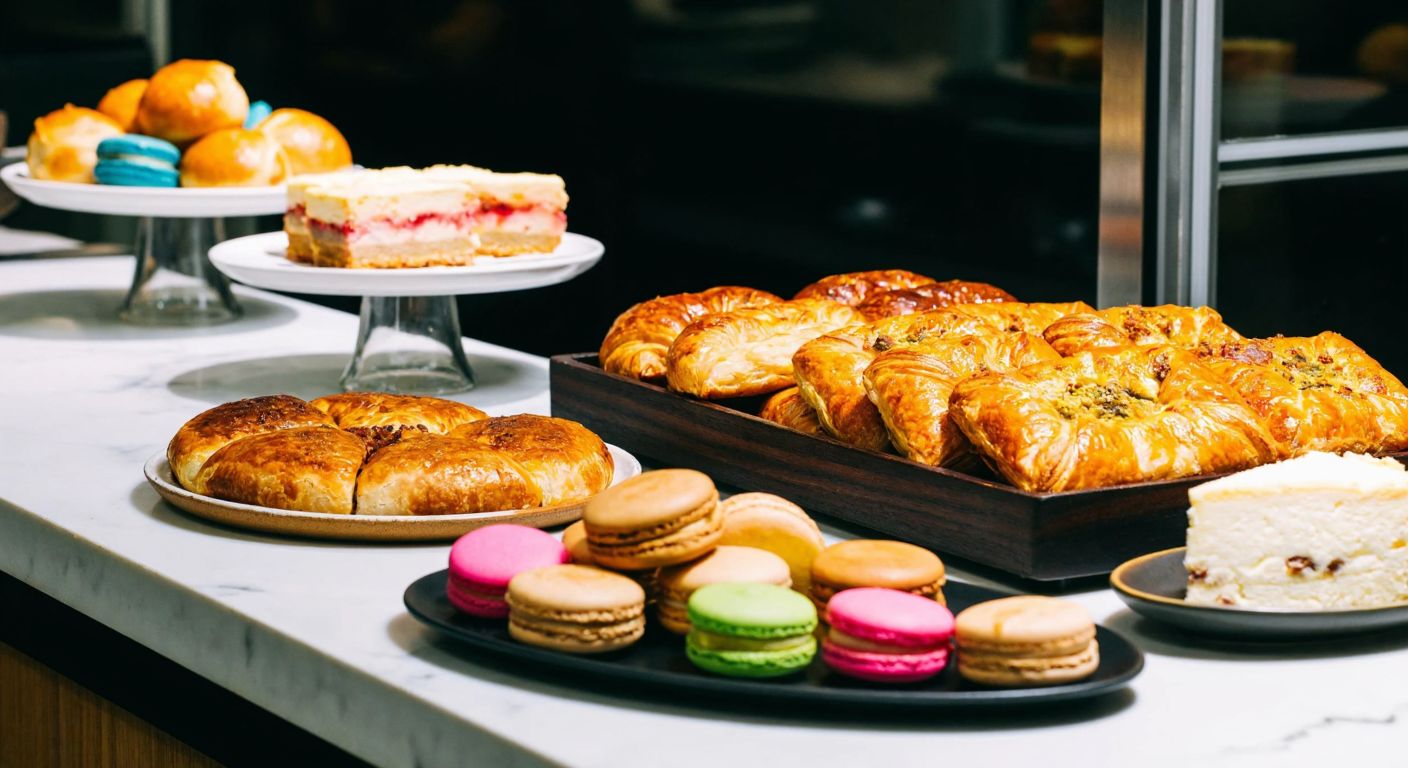 A warm Turkish patisserie display with golden-brown börek, flaky poğaça, colorful macarons, and a slice of creamy milk dessert, all arranged on a marble counter under soft lighting.