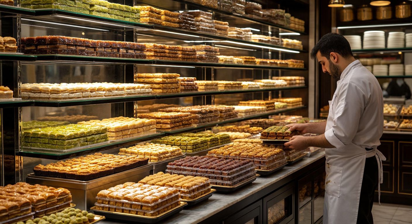 A vibrant Turkish pastry shop display with neatly stacked rows of assorted pastry boxes—some transparent to reveal baklava, others sturdy for dry cakes, and a few metallic ones gleaming under warm light, while a baker in a white apron arranges freshly filled waffle boxes.