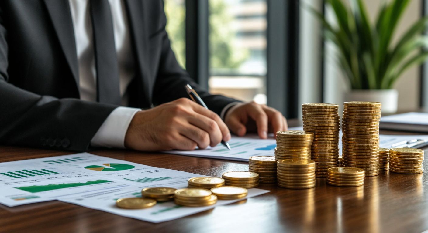 A Turkish businessperson in a sleek office confidently analyzing financial charts with stacks of gold coins and paper bills neatly arranged on a wooden desk, symbolizing liquidity and current ratio calculations.