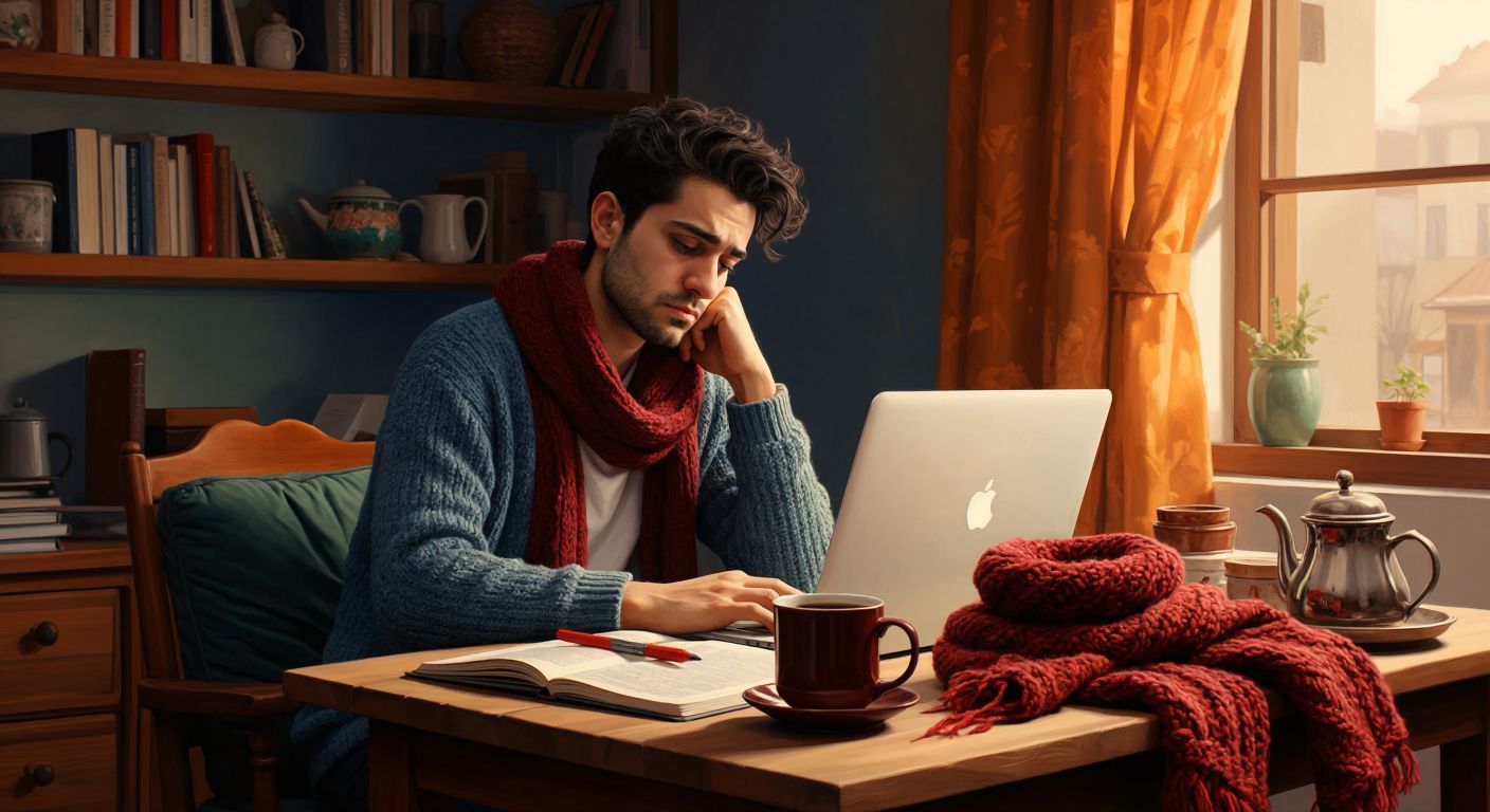 A tired but determined Turkish office worker sits at a wooden table in a cozy home, balancing a laptop (freelance work), handmade knitted scarves (craft sales), and a textbook (private tutoring), with a steaming cup of Turkish tea nearby.
