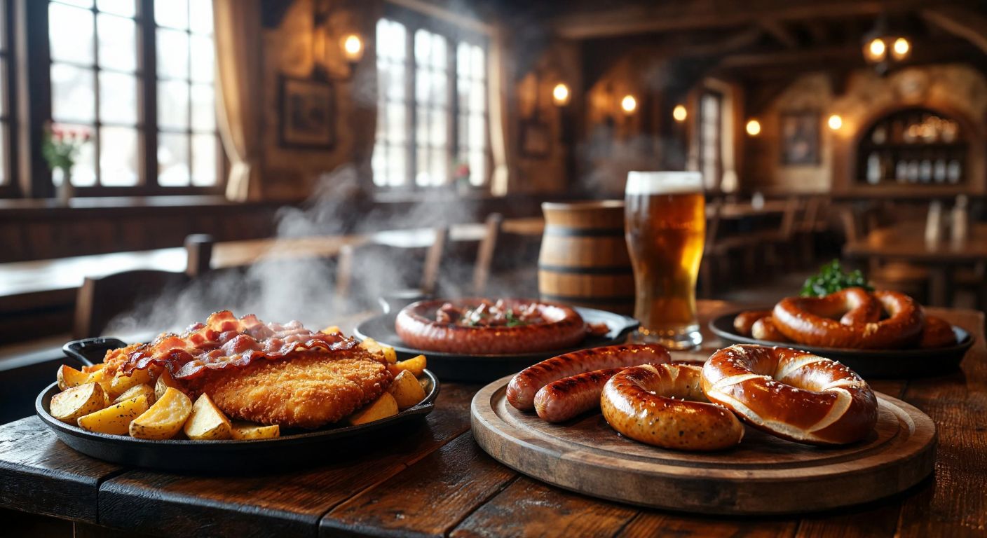 A rustic wooden table in a cozy German tavern holds a golden schnitzel, sizzling bratkartoffeln with crispy bacon, a platter of assorted wursts, and a freshly baked pretzel, with steam rising invitingly from the dishes.