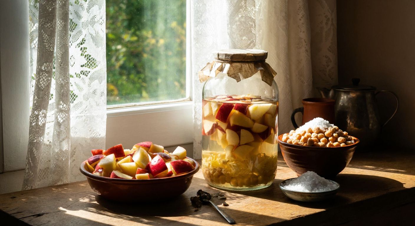 A rustic Turkish kitchen scene with a large glass jar filled with chopped apples and water, covered with a thin cloth, resting on a wooden table near a bowl of chickpeas and a small pile of rock salt, bathed in warm sunlight filtering through a lace-curtained window.