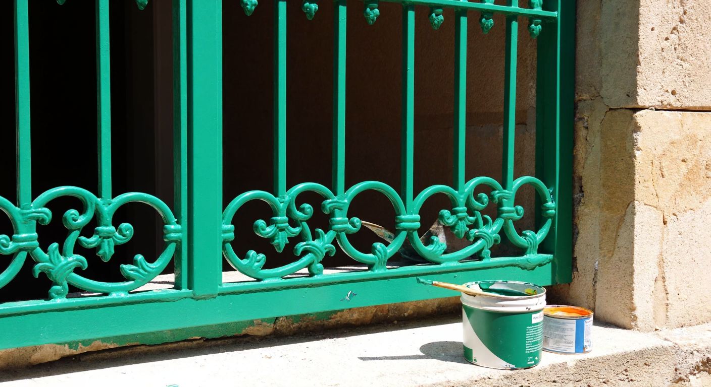 A close-up of a weathered wrought-iron window grill with ornate floral patterns, freshly painted in glossy dark green, resting against a sunlit stone wall in a Turkish courtyard, with a paintbrush and open can of synthetic paint nearby.