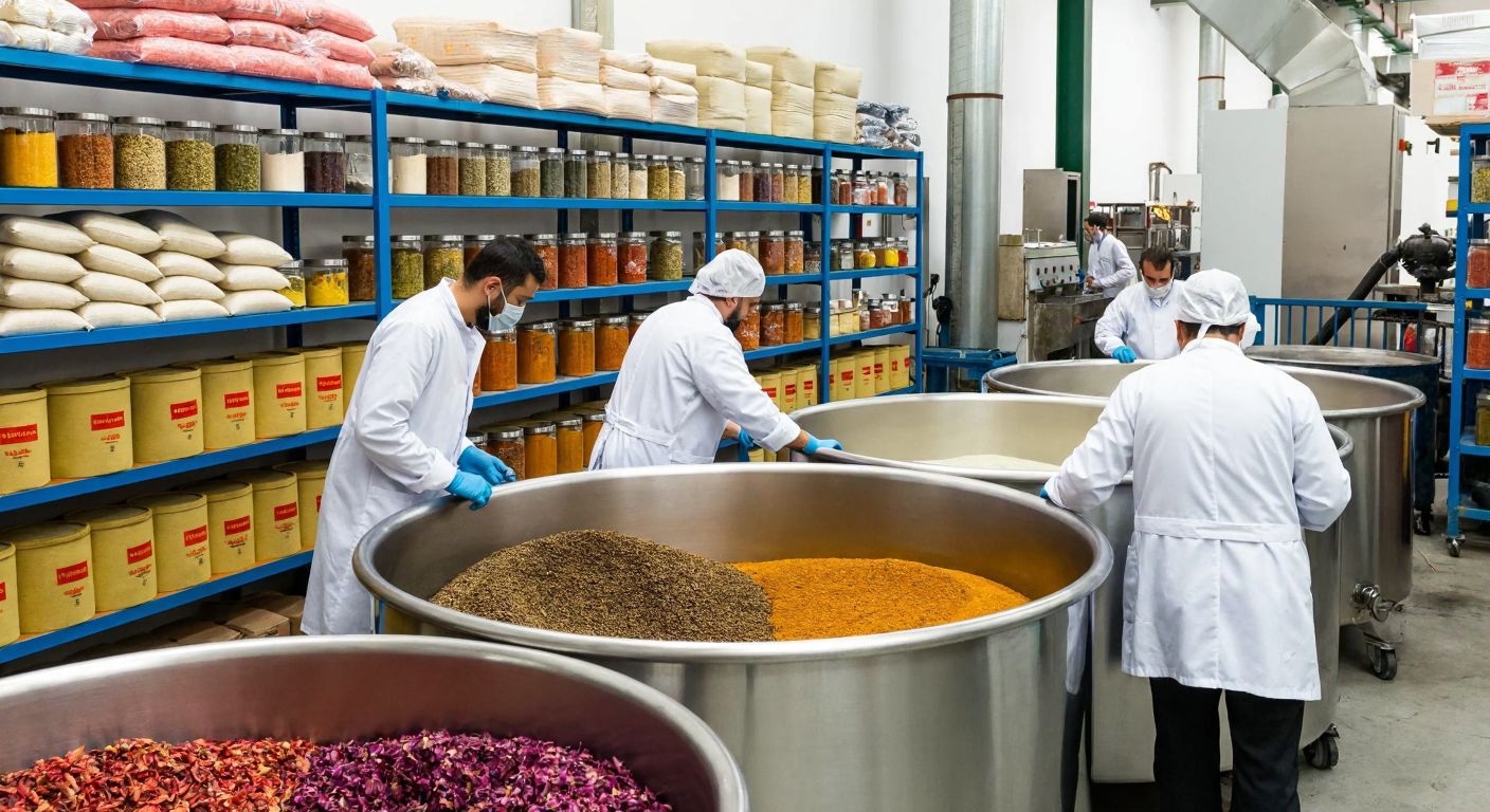 A bustling Turkish industrial facility with workers in white coats carefully handling large stainless steel vats of aromatic food ingredients, surrounded by shelves of colorful spice jars and sacks of raw materials.