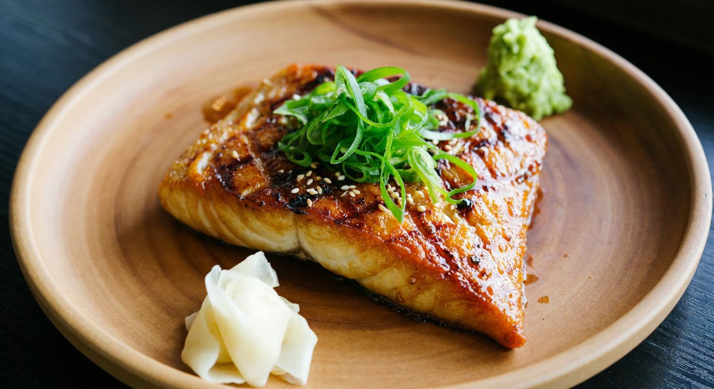 A golden-brown grilled Japanese fish fillet glistening with sesame-soy marinade, garnished with fresh green onions and served alongside a small mound of wasabi and pickled ginger on a rustic wooden plate.
