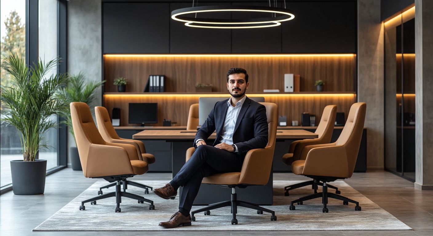A modern Turkish office space with sleek Goldsit-branded chairs and desks, where a well-dressed businessperson confidently sits, surrounded by neatly arranged furniture under warm lighting.