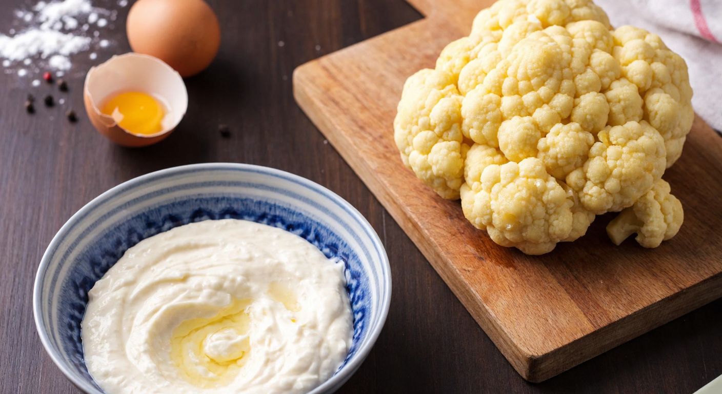 A golden-brown cauliflower floret dipped in a light, bubbly tempura batter, resting on a wooden cutting board beside a bowl of freshly mixed batter, with scattered ingredients like flour, starch, and a cracked egg nearby, evoking a warm Turkish kitchen.
