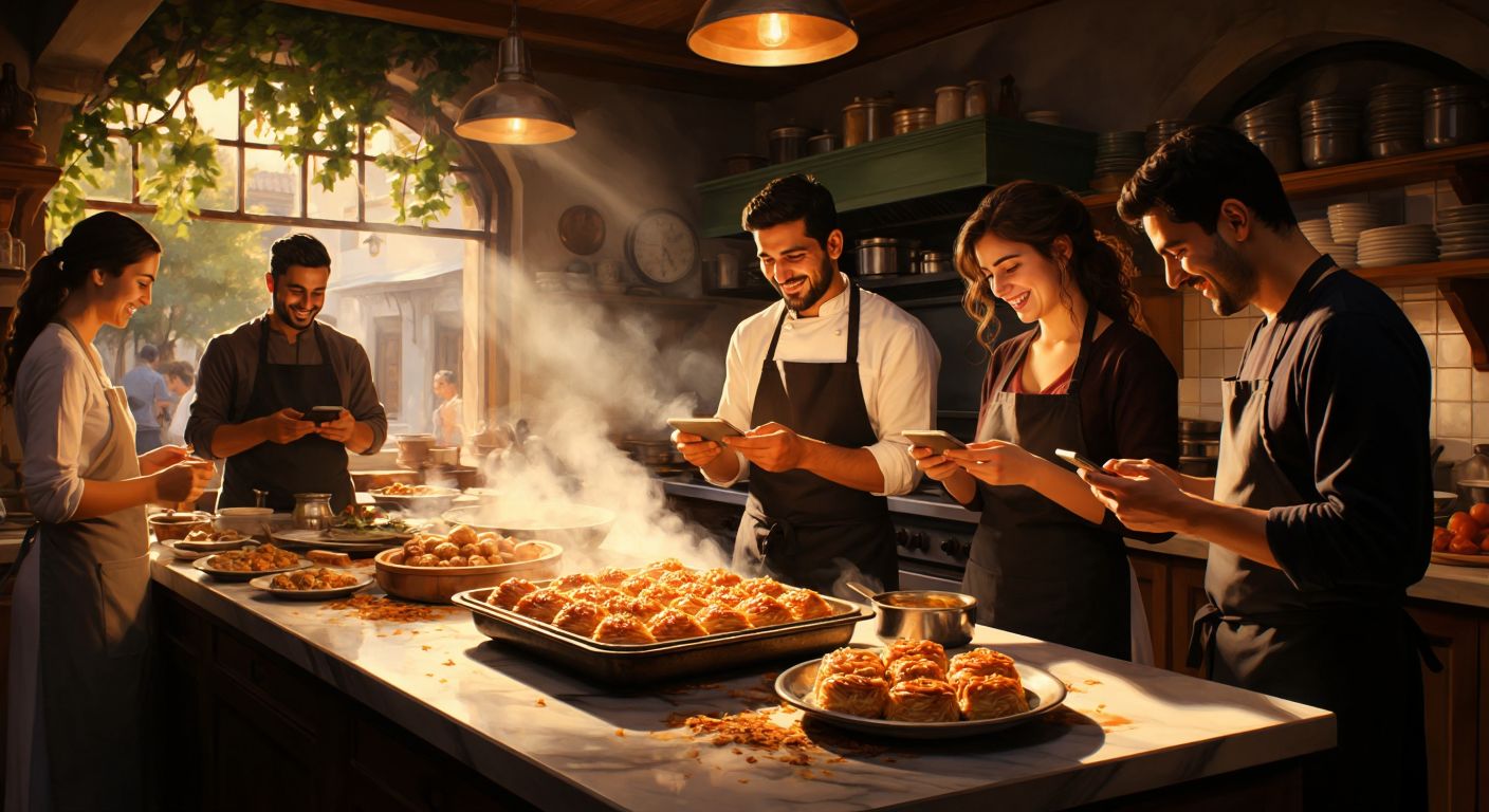 A cozy Turkish kitchen with a steaming tray of baklava on a marble counter, surrounded by smiling people exchanging recipes on their phones, bathed in warm golden light.
