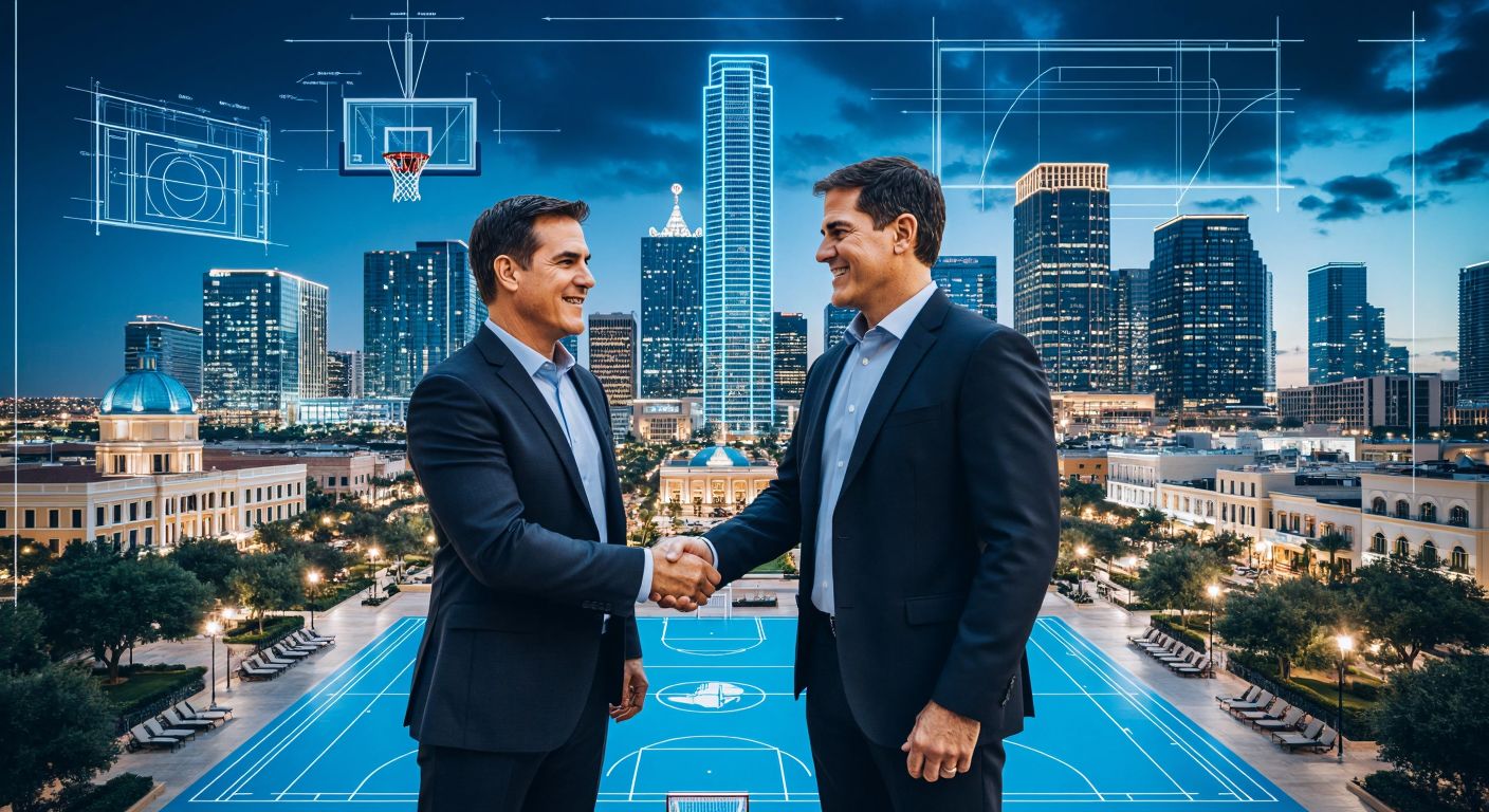A confident Mark Cuban shaking hands with a business partner in front of a futuristic Dallas skyline, with blueprints of a Venetian-style resort and a basketball court overlay in the background.