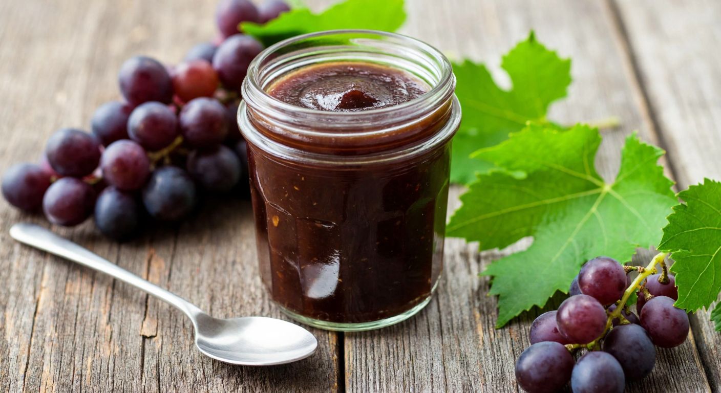 A small glass jar filled with thick, dark brown grape molasses, resting on a rustic wooden table with a spoon beside it, surrounded by fresh purple grapes and vine leaves.