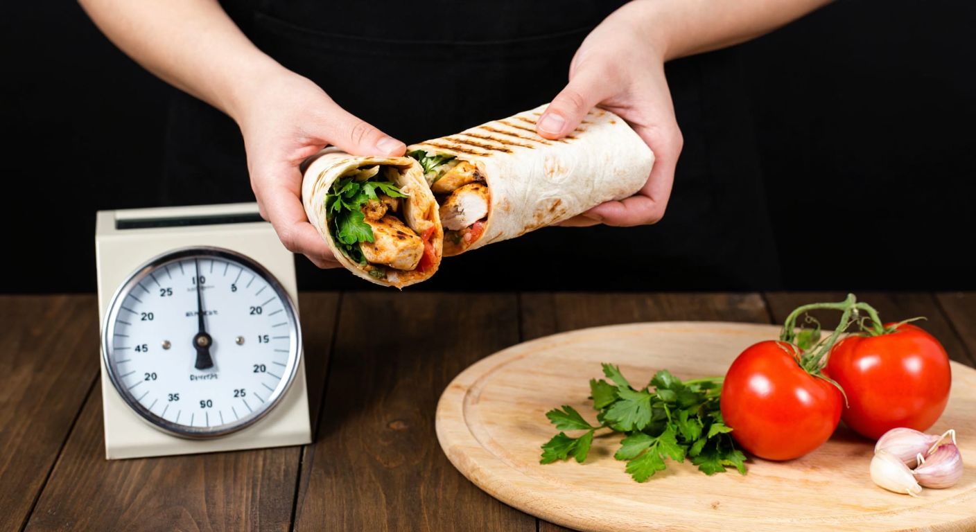 A person in Turkey hesitantly holds a half-unwrapped Hatay dürüm filled with grilled chicken and herbs, while a small kitchen scale and fresh vegetables sit nearby on a wooden table.