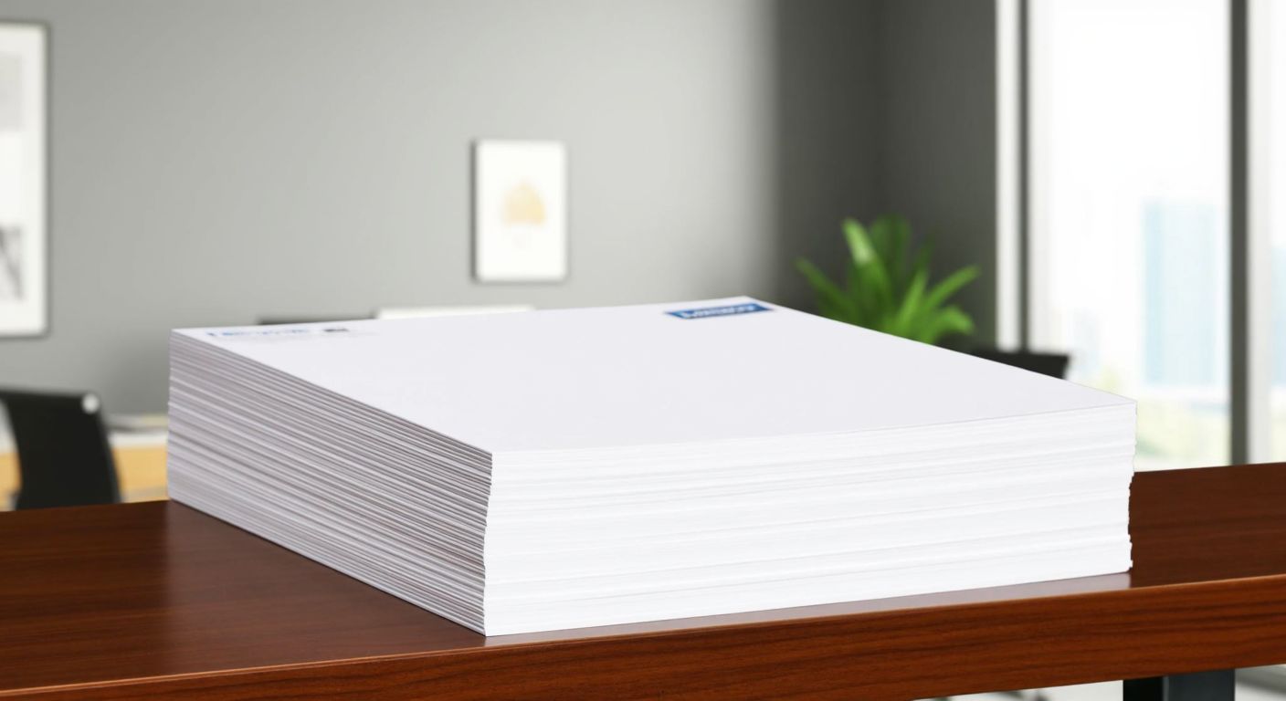 A neatly stacked pile of crisp white A3-sized papers with a visible thickness, placed on a wooden desk in a well-lit Turkish office setting.
