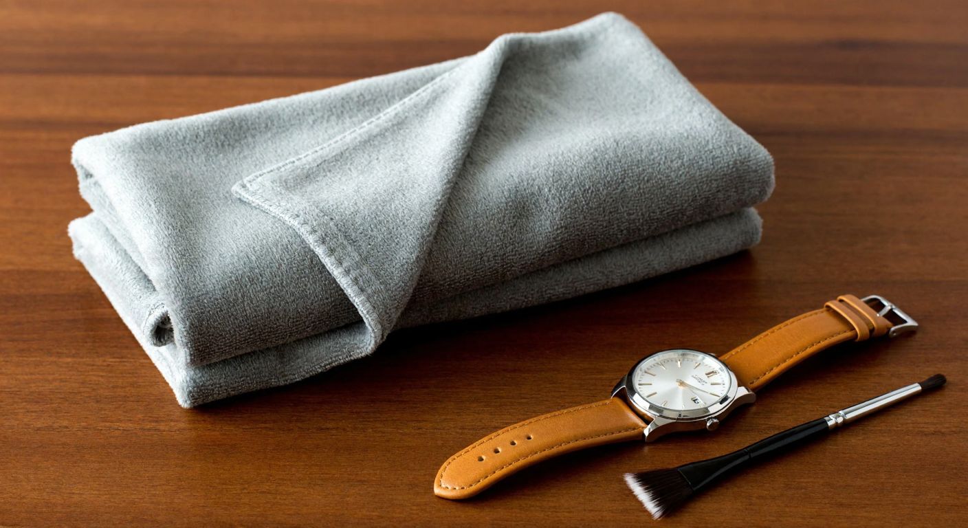 A soft, light-gray microfiber cloth draped neatly over a polished silver wristwatch resting on a wooden table, with a small leather pouch and a gentle brush placed beside it.