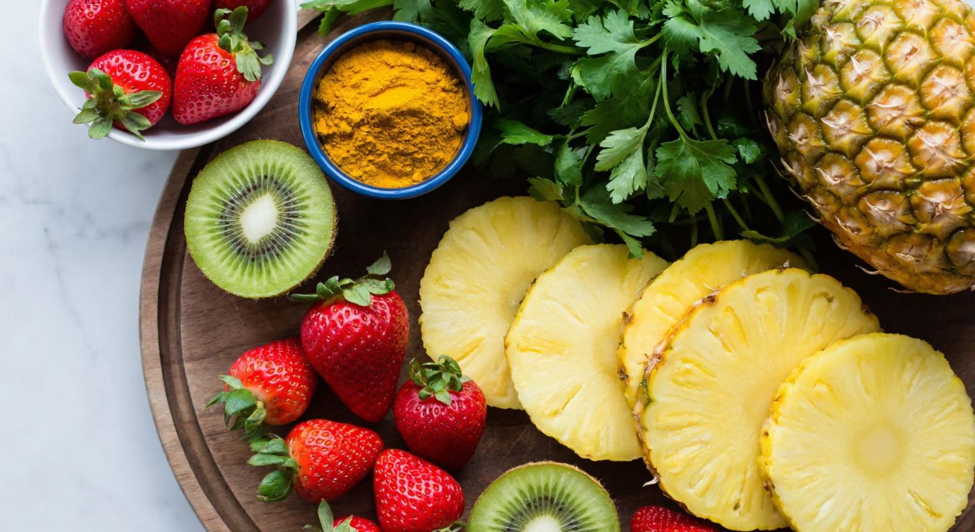 A vibrant Turkish kitchen table set with a colorful spread of fresh pineapple slices, strawberries, kiwis, leafy greens, a small bowl of turmeric powder, and a bunch of parsley, evoking warmth and natural wellness.
