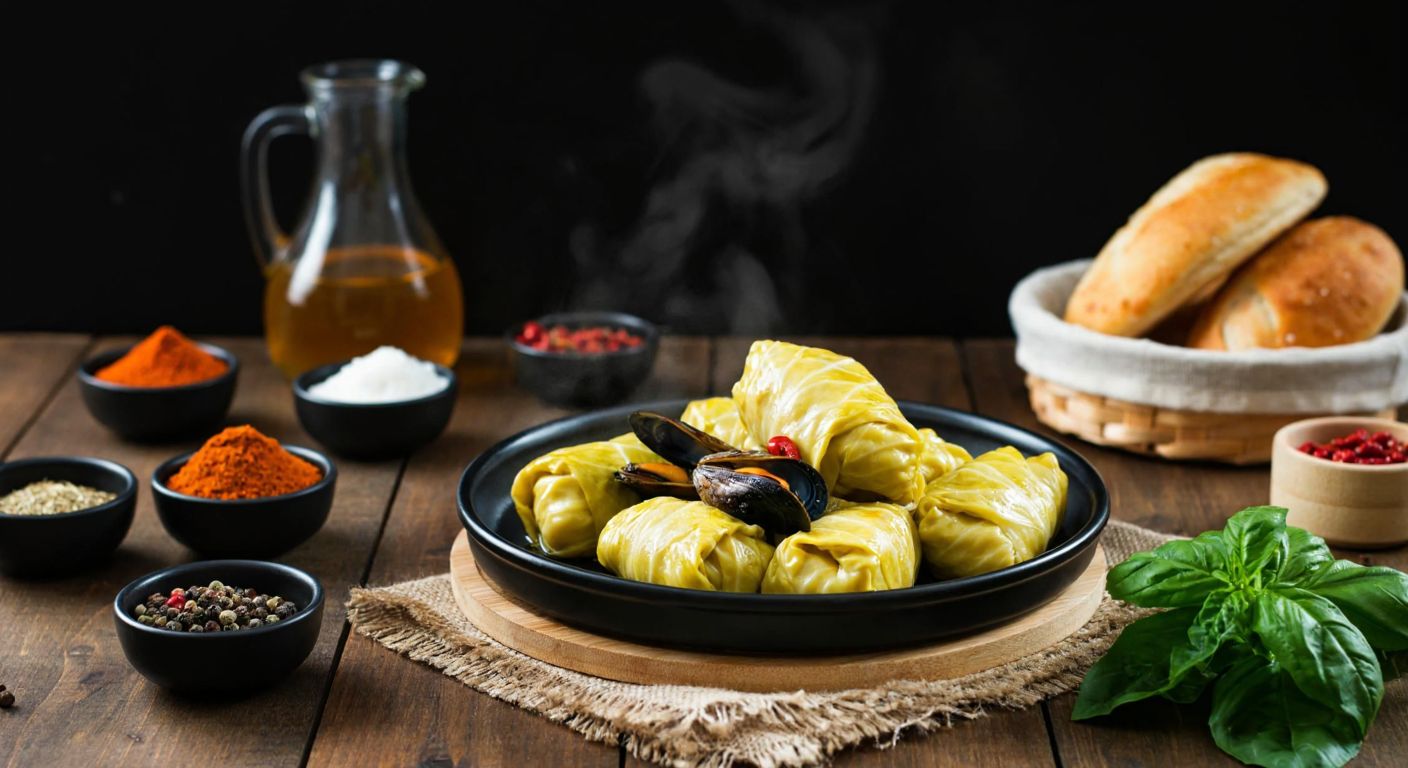 A rustic wooden table in a Turkish kitchen is set with a steaming plate of cabbage rolls stuffed with mussels, surrounded by small bowls of regional spices and a basket of fresh bread, evoking warmth and culinary tradition.