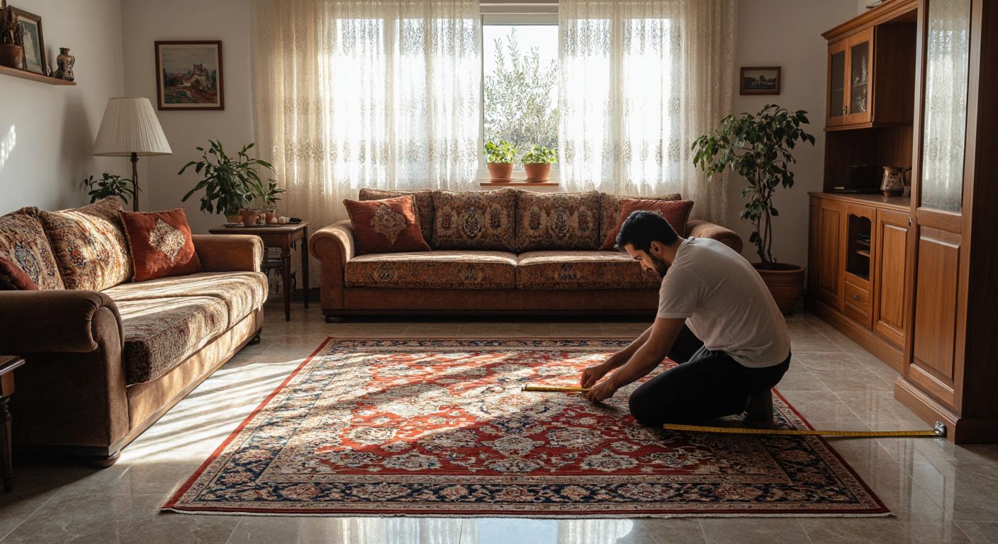 A Turkish living room with a patterned rug neatly placed under a sofa set, a person kneeling with a measuring tape to check the rug's fit, and sunlight streaming through lace curtains onto warm-toned wooden furniture.