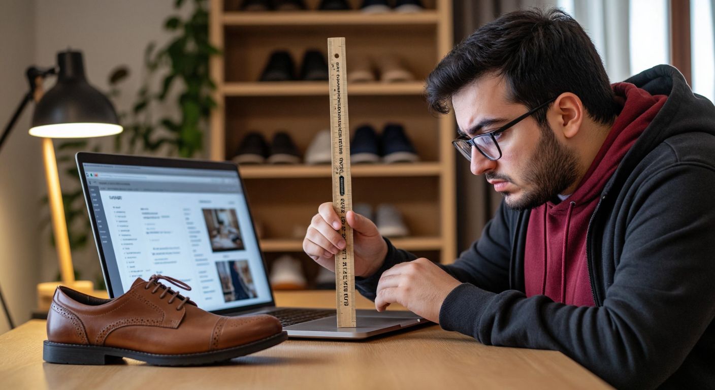 A person in Turkey holding a ruler next to a pair of size 14 shoes, looking puzzled while browsing a website on a laptop for conversion charts.