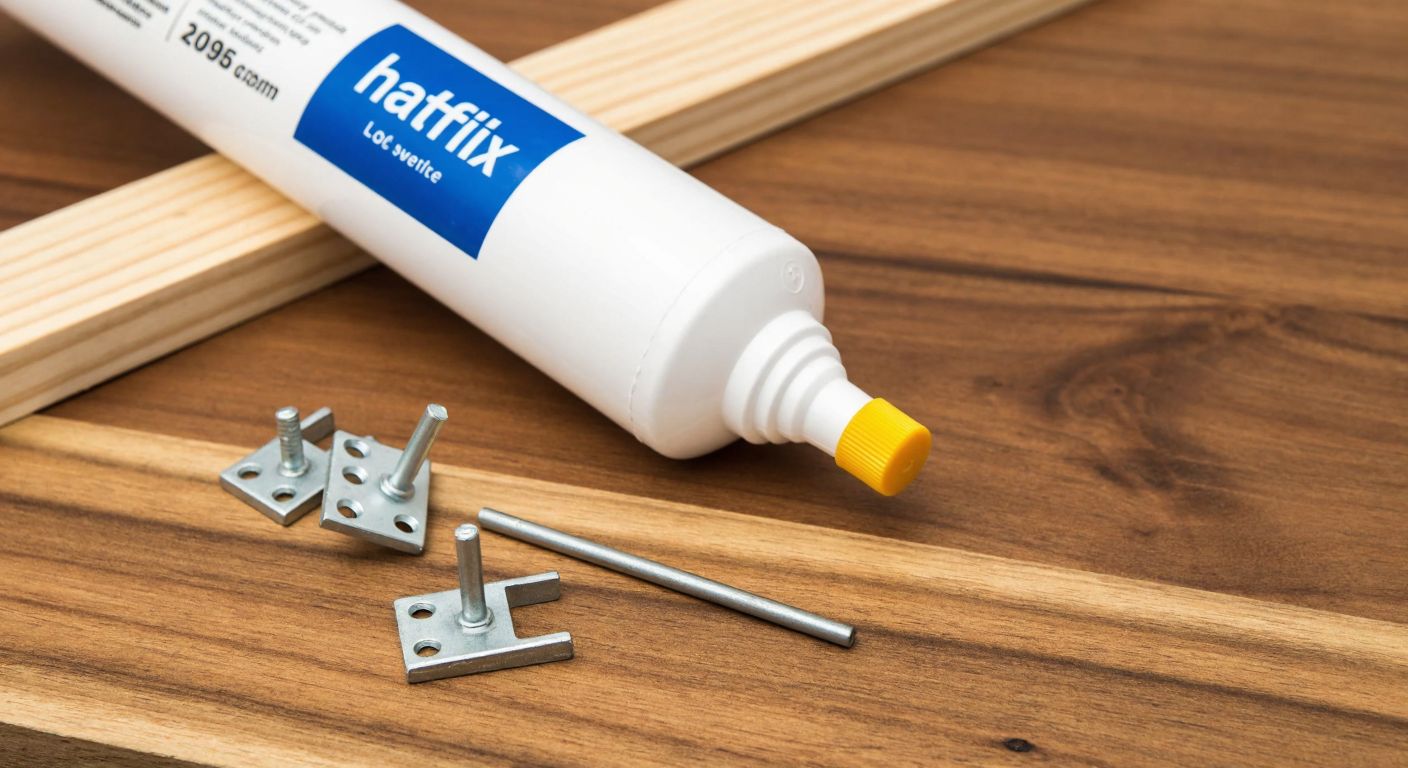 A sturdy white tube of Hatfix adhesive resting on a wooden surface, surrounded by small metal brackets and a partially assembled shelf, symbolizing strong bonding and construction.