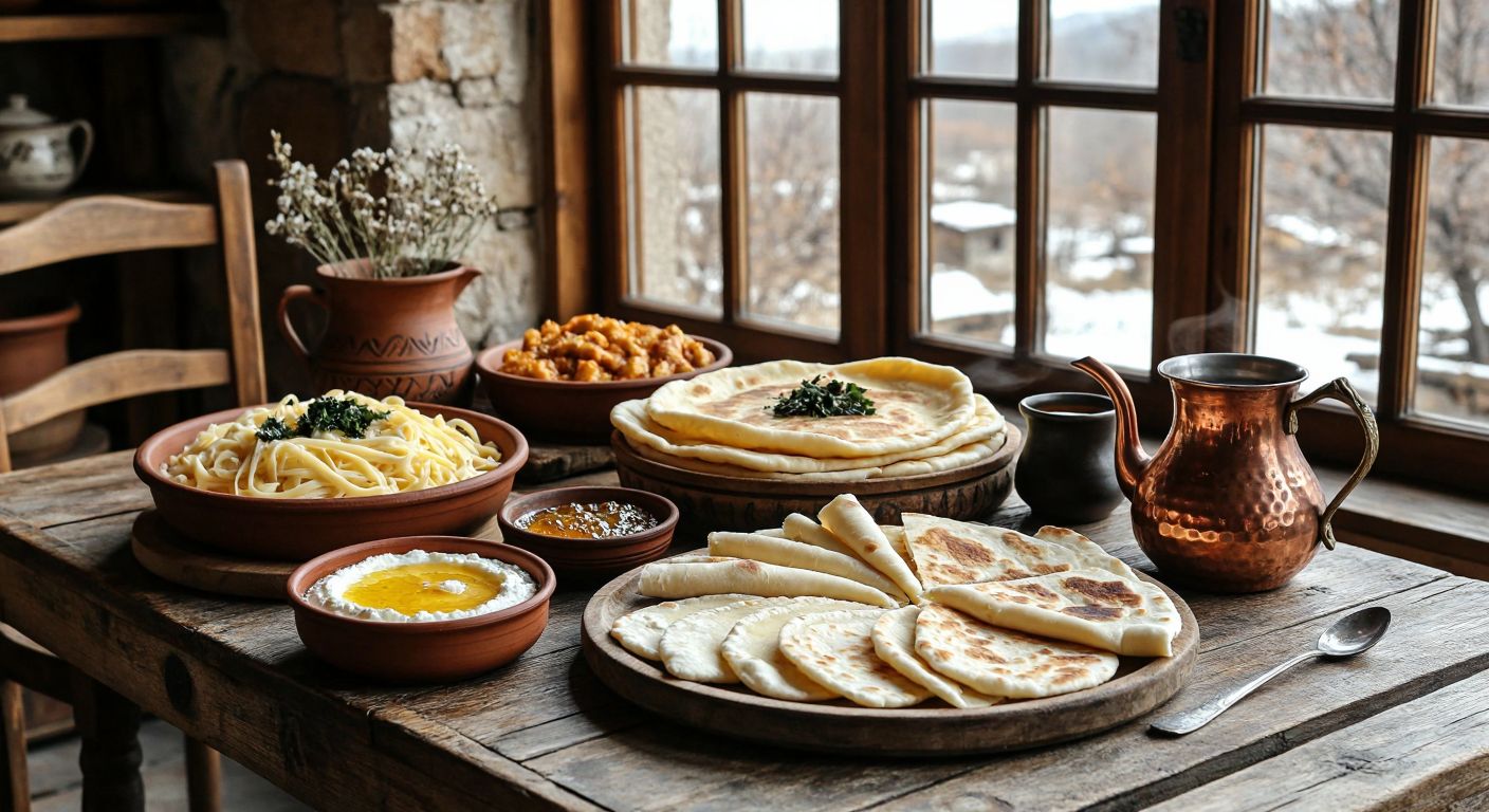 A rustic wooden table in a cozy Erzurum home is laden with a traditional breakfast spread: strands of civil peyniri, slices of göğermiş peynir, golden kete, warm kuymak in a clay pot, fresh lavaş bread, honey drizzled over kaymak, and a steaming copper teapot of çay.