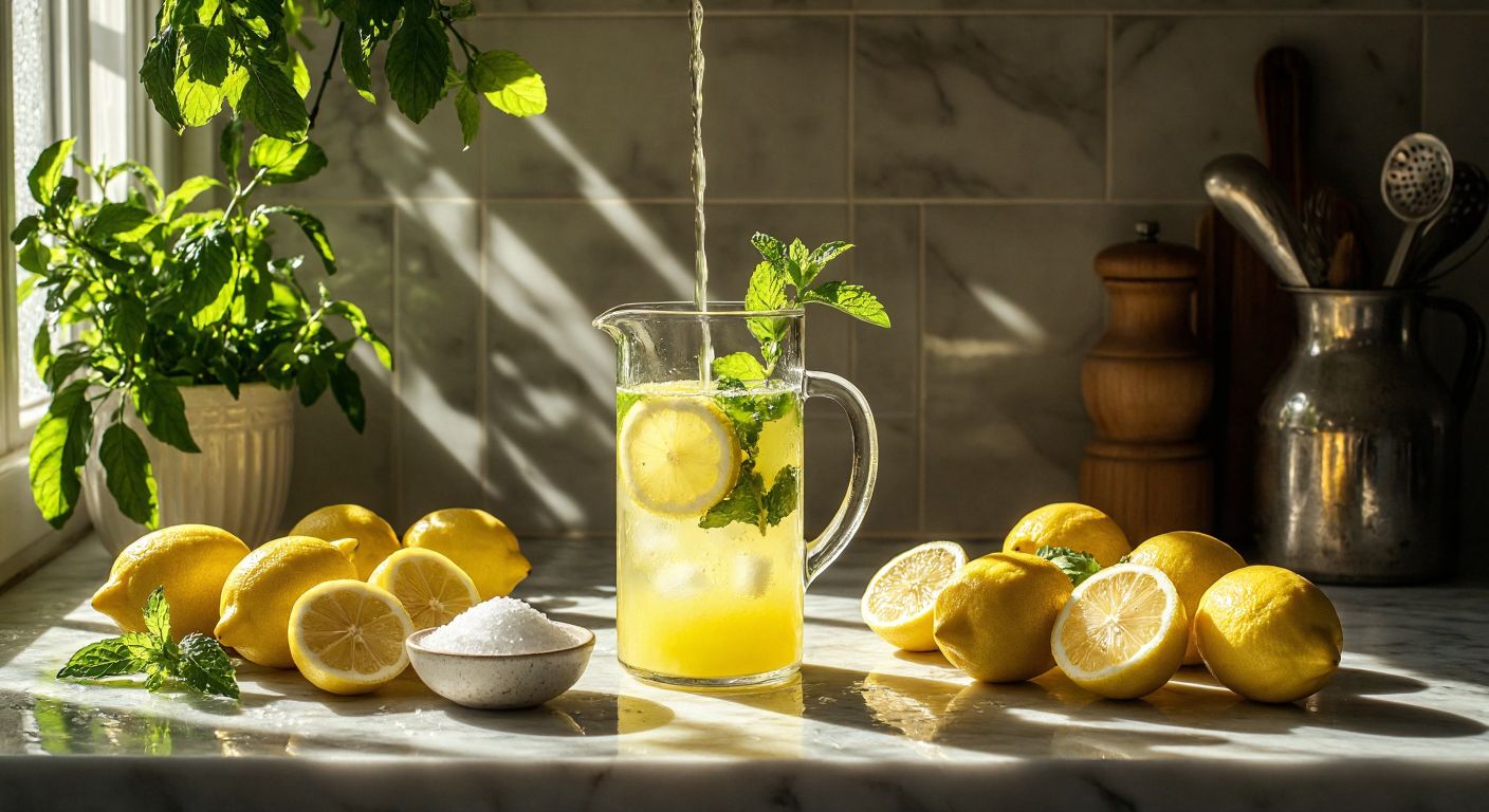 A sunlit Turkish kitchen counter with freshly squeezed lemons, their juice dripping into a glass pitcher filled with ice cubes and mint leaves, surrounded by halved lemons and a small bowl of sugar.