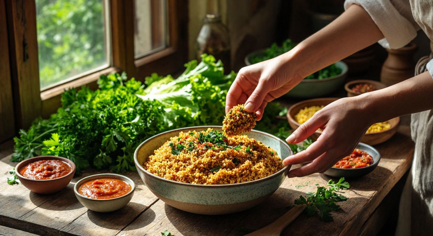 A rustic wooden table in a sunlit Turkish kitchen holds a bowl of golden bulgur mixed with tahini and spices, surrounded by fresh parsley, marul leaves, and a small dish of tomato paste, with hands shaping the mixture into smooth köfte.