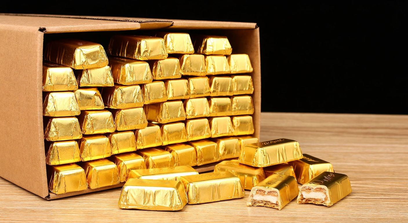 A towering stack of golden-wrapped chocolate wafer bars neatly arranged in a cardboard box, with a few scattered on a wooden table beside it, evoking a sense of abundance and sweetness.