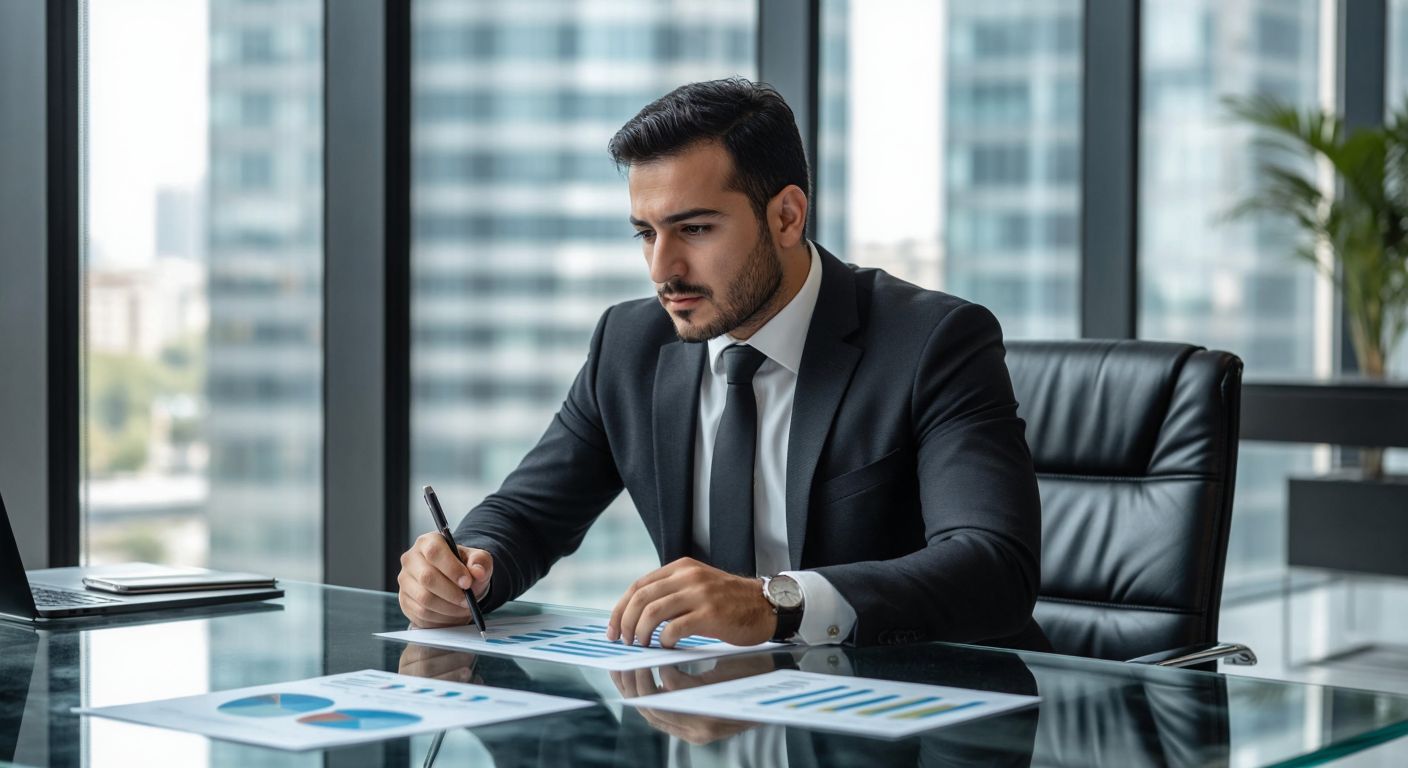 A confident Turkish businessman in a sleek office reviews financial charts on a transparent glass desk, symbolizing trust and transparency in investment.