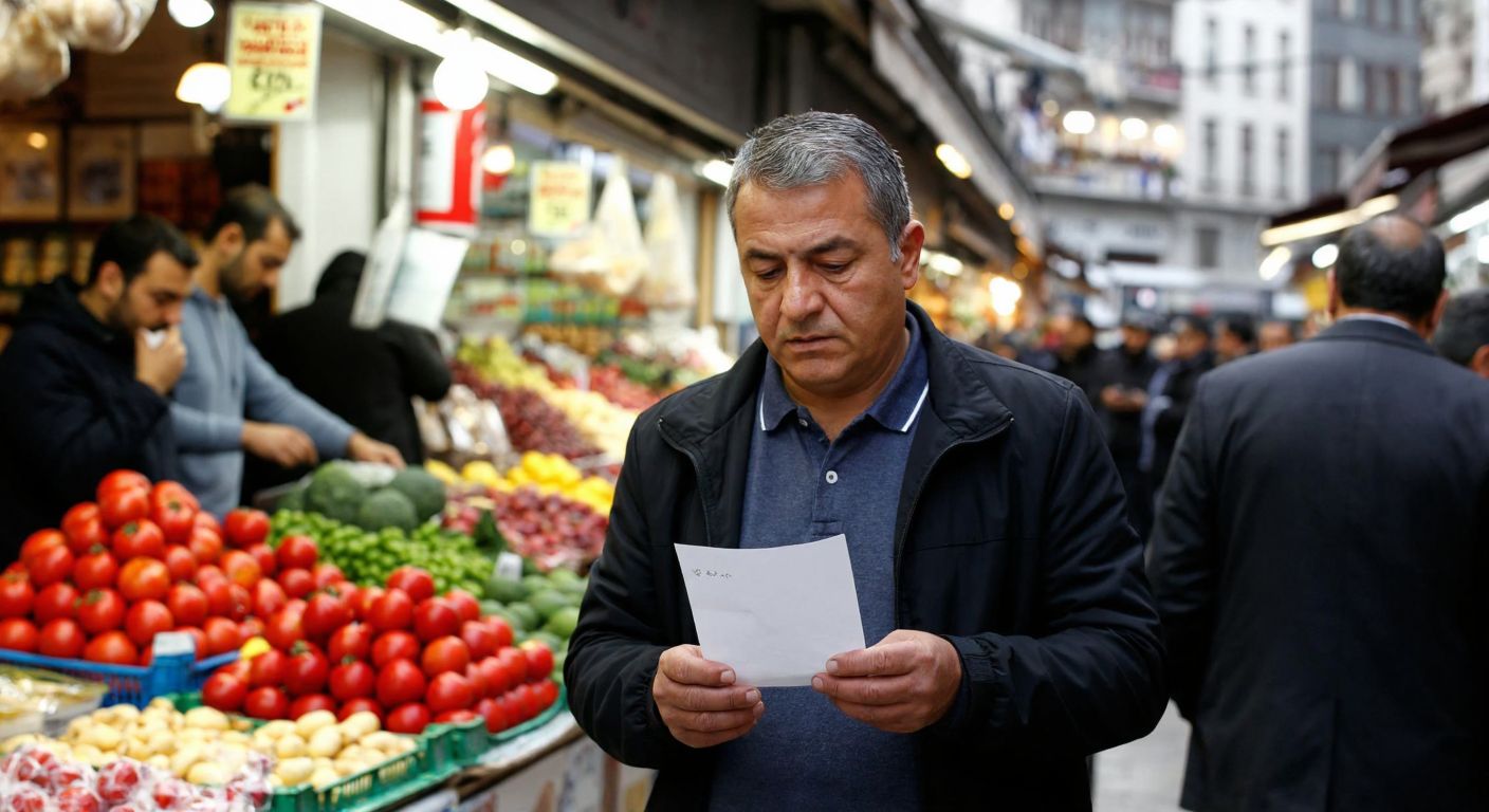 A concerned Turkish shopkeeper in a bustling Istanbul market holds a receipt while customers examine rising prices on fresh produce and household goods.