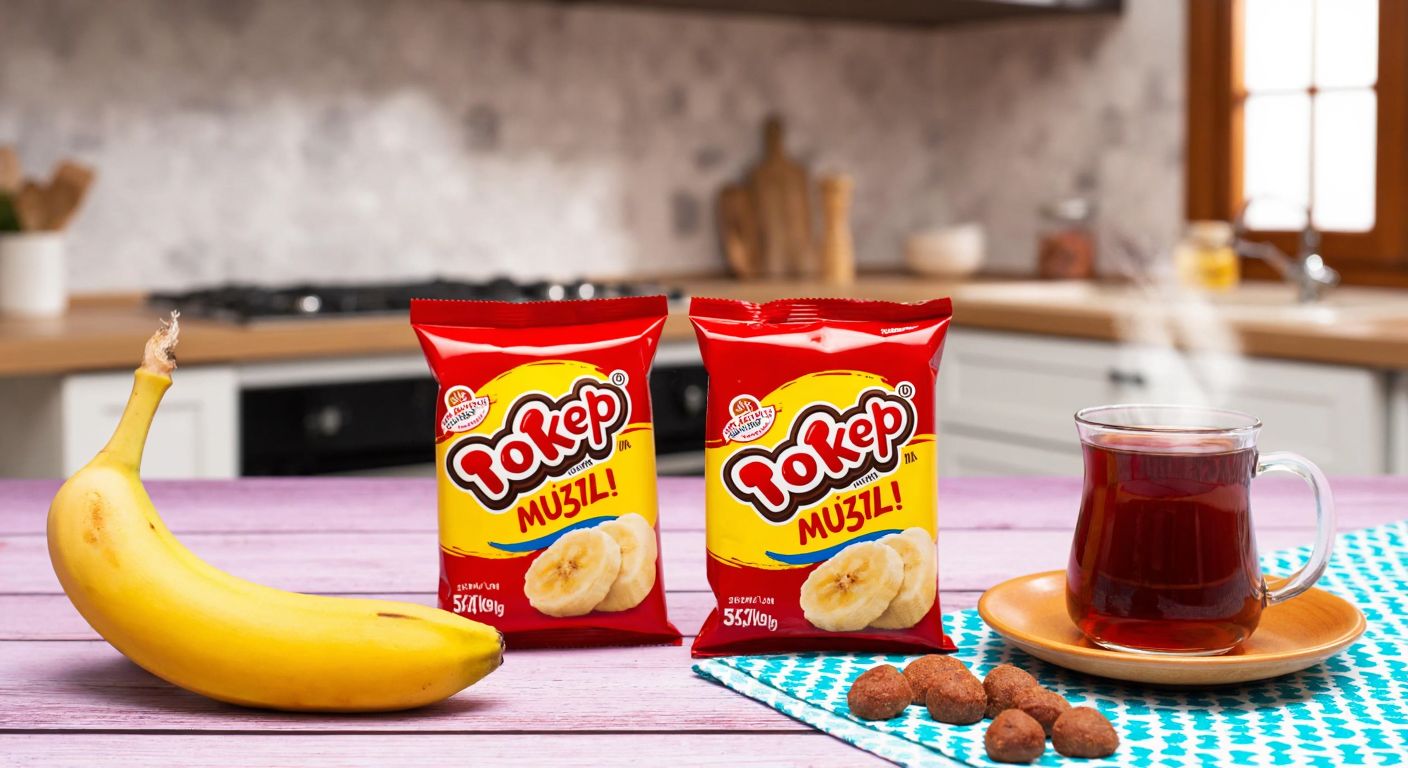 A colorful table in a Turkish kitchen with two Eti Popkek Muzlu packages—one small (60g) and one large (100g)—next to a peeled banana and a steaming cup of tea.