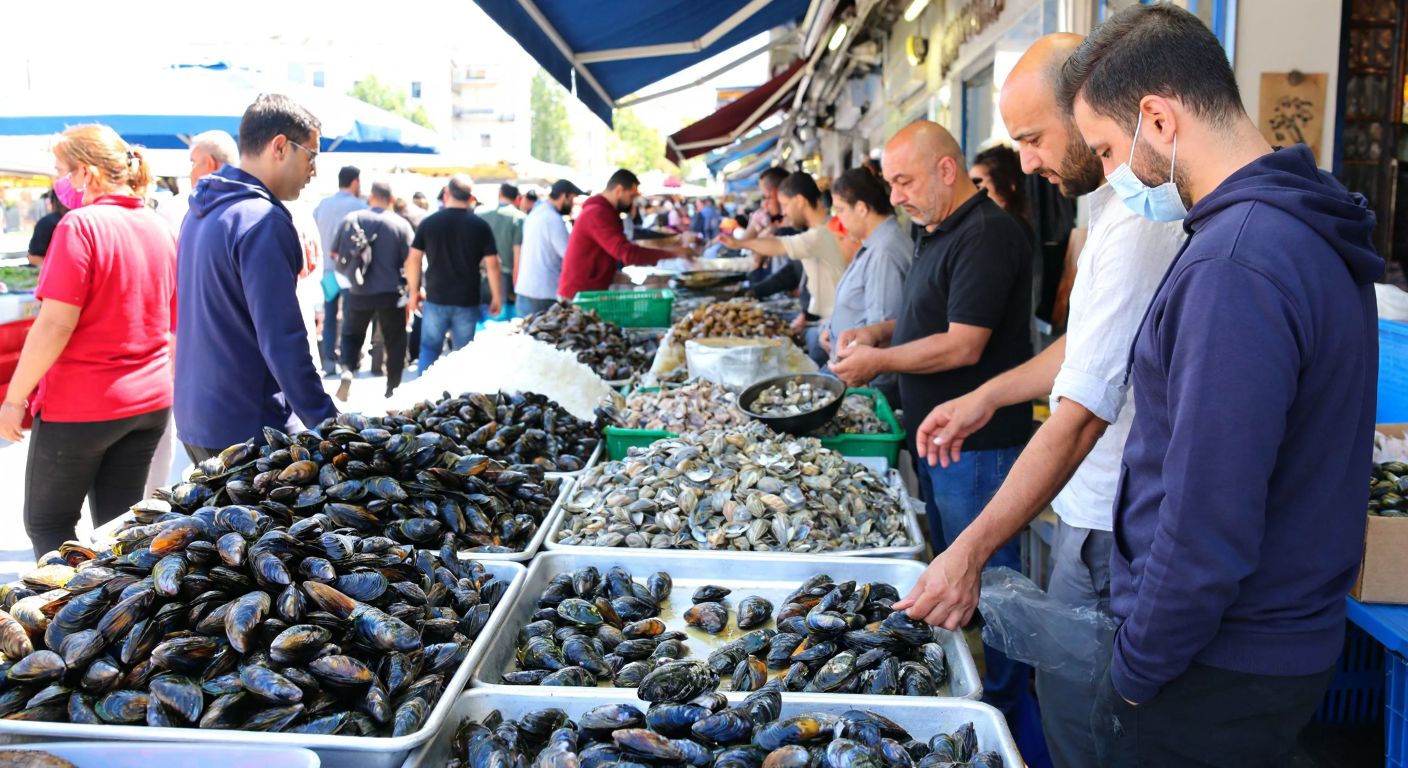 A bustling Turkish seafood market with vendors displaying trays of fresh and frozen mussels, their shells glistening under warm sunlight, while customers in casual attire inspect the produce with curiosity.