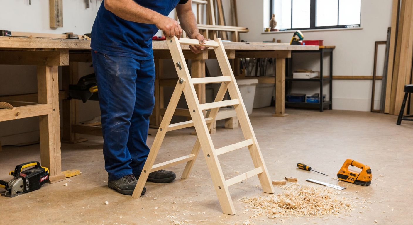 A craftsman in a workshop carefully assembling a wooden folding ladder with hinges, measuring tools nearby, and sawdust scattered on the floor.
