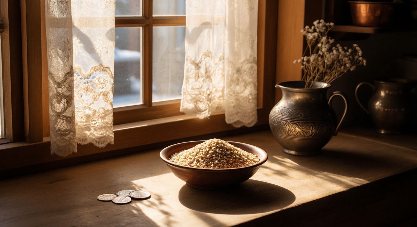 A rustic wooden table in a cozy Turkish kitchen holds a bowl of cracked wheat groats next to an antique silver coin, with warm sunlight streaming through a lace-curtained window.