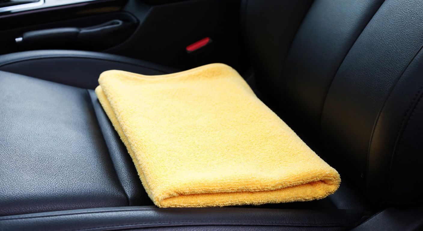 A close-up of a soft, yellow microfiber cloth gently wiping the smooth, polished surface of a dark leather car seat, with a small bottle of leather cleaner nearby.