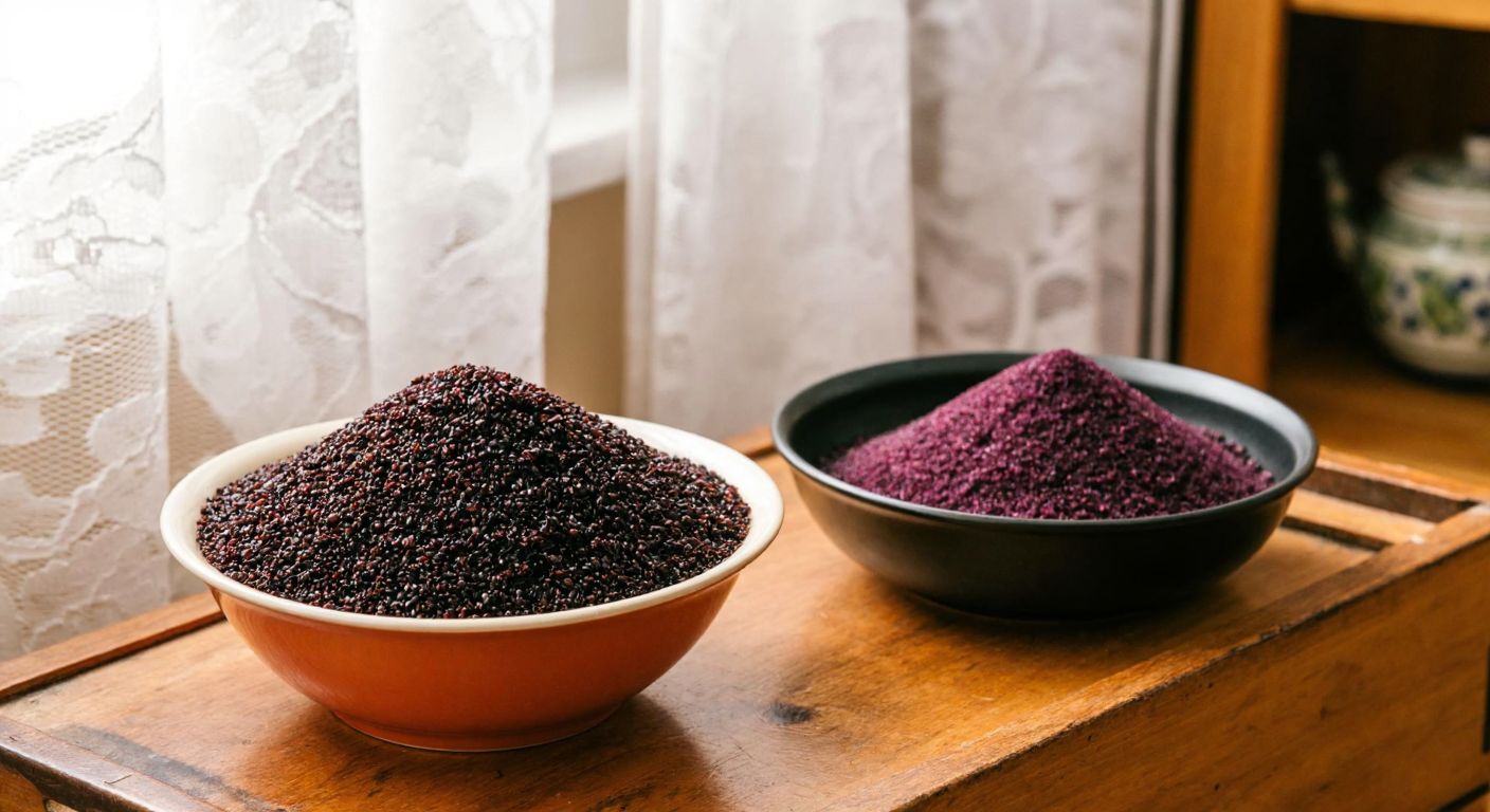 A rustic wooden table in a Turkish kitchen displays two small bowls—one filled with dark, coarse black bulgur and the other empty with a faint purple hue, symbolizing the unknown mor bulgur, while sunlight filters through lace curtains.