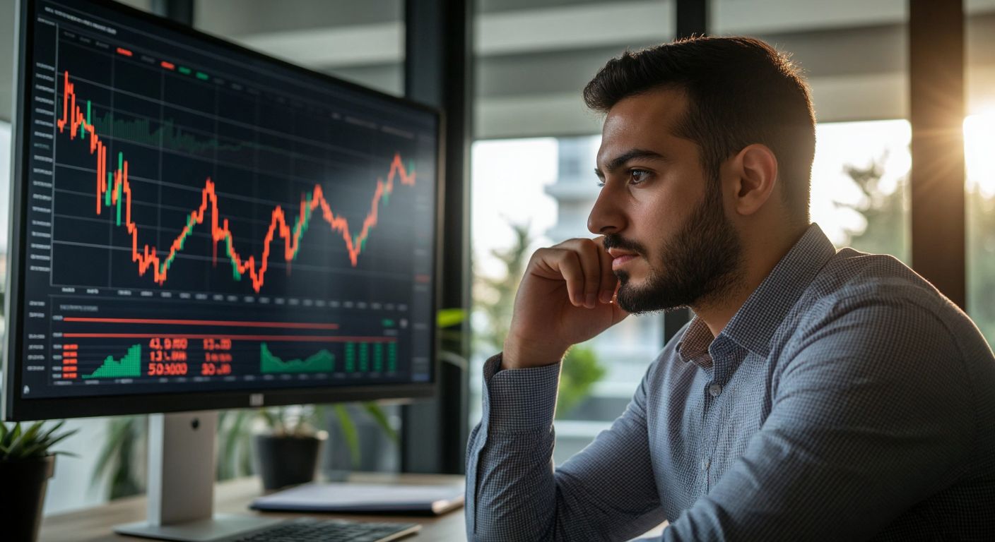 A focused Turkish trader in a modern office studies a financial chart with smooth, overlapping trend lines representing short (10-20 days) and long-term (50-200 days) EMAs, his expression thoughtful as sunlight filters through the window.