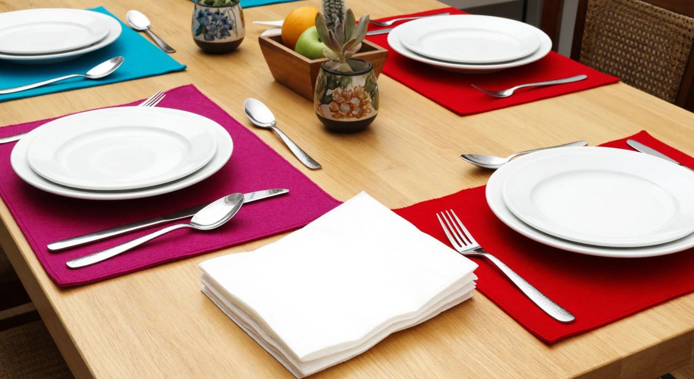 A colorful Turkish breakfast table with neatly arranged plates, forks, and spoons on small felt placemats, alongside a stack of reusable cotton napkins and a roll of disposable white table covers.