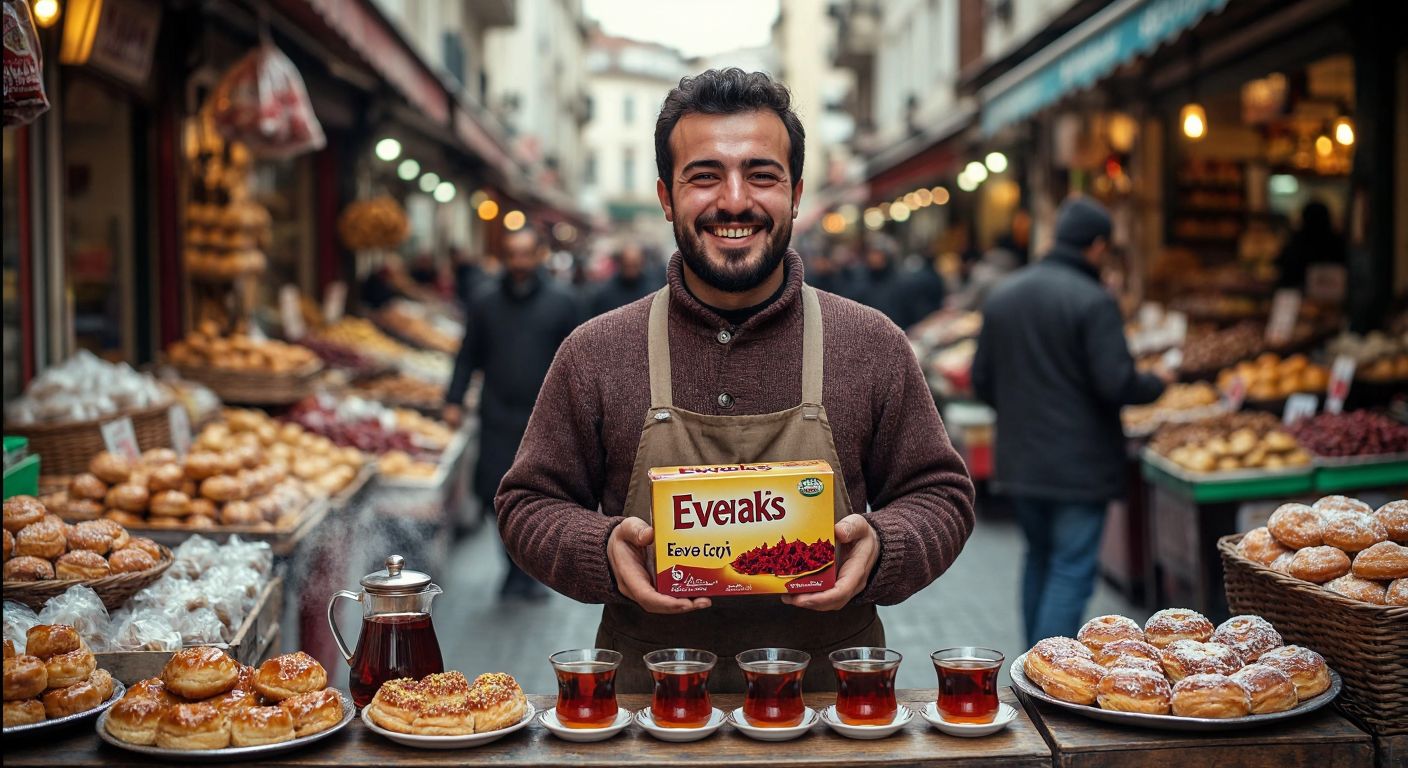 A smiling Turkish vendor in a bustling bazaar proudly holds up a box of Evraks Çaycı tea, surrounded by steaming cups of fragrant black tea and traditional Turkish pastries.